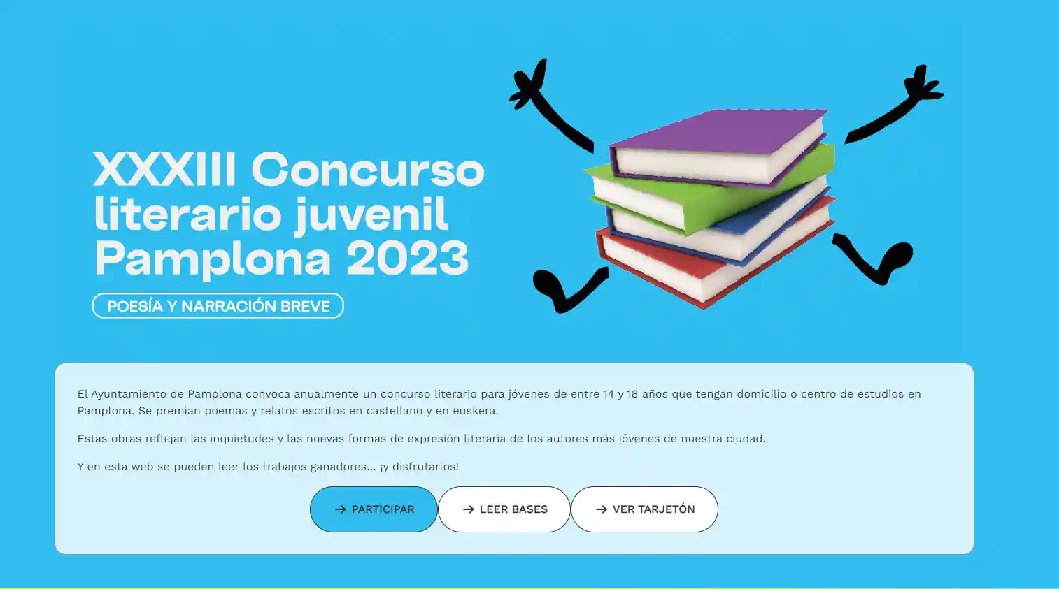 El Ayuntamiento convoca el certamen literario juvenil de poesía y narración breve Pamplona 2023, para obras en castellano y euskera